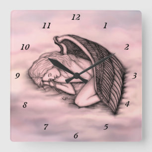 Ein schlafender Engel auf den Himmelswolken in der Quadratische Wanduhr