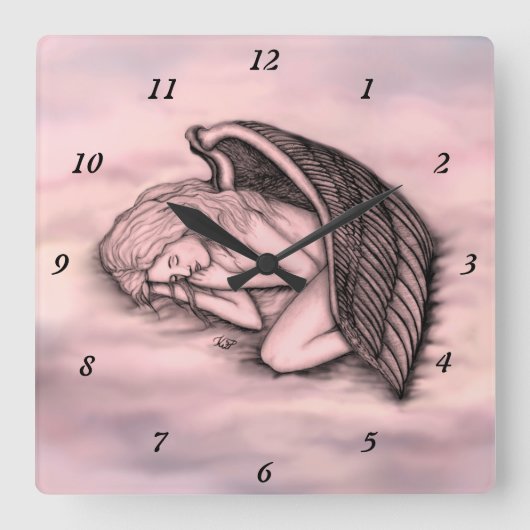 Ein schlafender Engel auf den Himmelswolken in der Quadratische Wanduhr (Vorderseite)