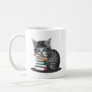 Ein schläfriges Kätzchen kuschelte sich mit einem Kaffeetasse
