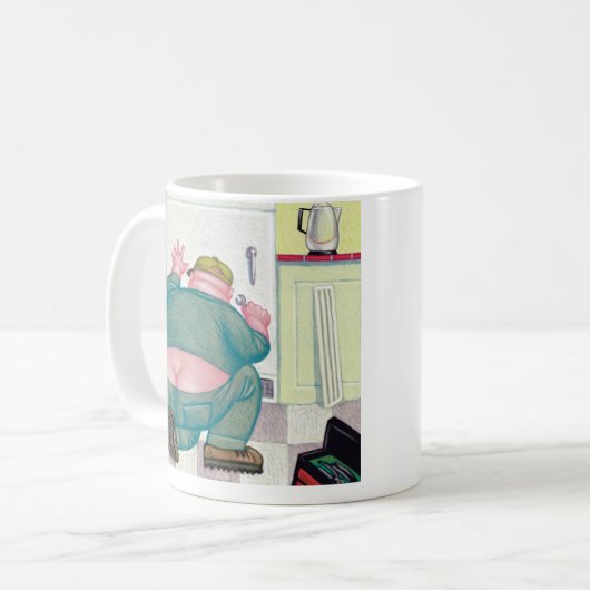 Ein schlampiger Arbeiter, der ein Küchengerät repa Kaffeetasse (Vorderseite Links)