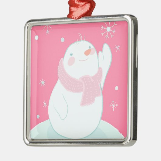 Ein Schneemann, der für eine fallende Schneeflocke Silbernes Ornament (Links)