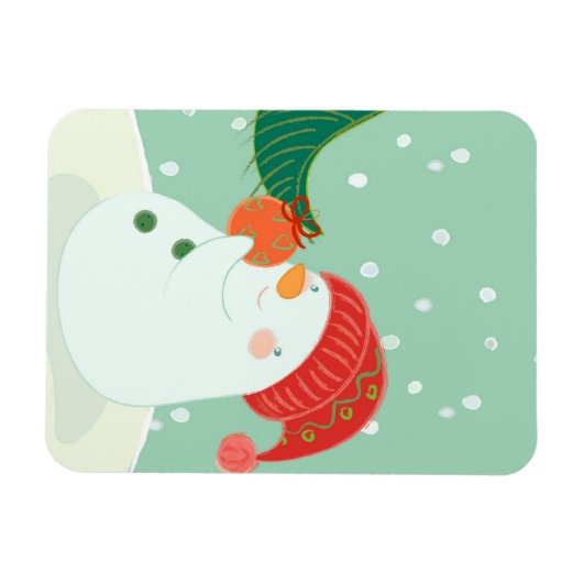 Ein Schneemann hängt ein Ornament an einem Baum Magnet (Horizontal)