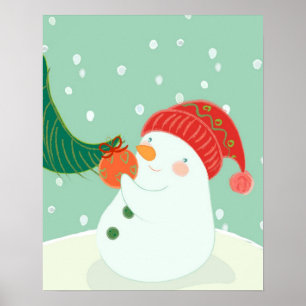 Ein Schneemann hängt ein Ornament an einem Baum Poster