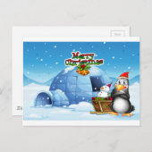 Ein Schneemann und ein Pinguin vor dem Iglu Postkarte (Vorne/Hinten)