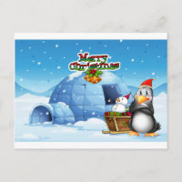 Ein Schneemann und ein Pinguin vor dem Iglu