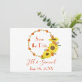 Ein schöner, rustikaler Sonnenblumenkranz Save The Date (Stehend Vorderseite)