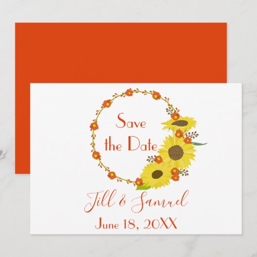 Ein schöner, rustikaler Sonnenblumenkranz Save The Date (Vorne/Hinten)