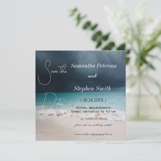 Ein schöner Strand auf den Seychellen, Ihr Bild ge Save The Date (Stehend Vorderseite)