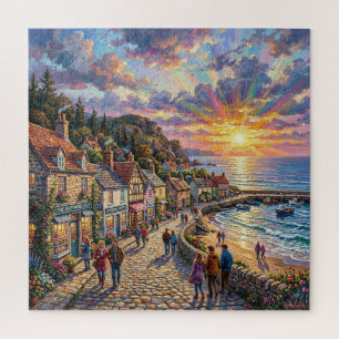 Ein schöner Stranddorfboulevard bei Sonnenuntergan Puzzle