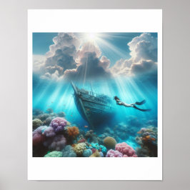 Ein schöner Taucher findet ein Schiff, das im Riff Poster