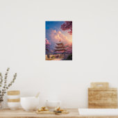 Ein schöner Tempel und blühende Kirschbaumen Poster (Küche)