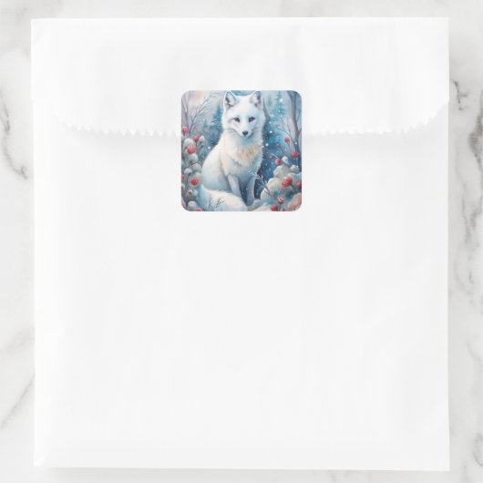 Ein schöner weißer Fox im Winter Quadratischer Aufkleber (Tasche)