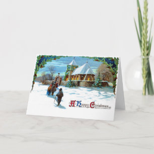 Ein schönes Weihnachtsfest - zu Fuß zur Kirche im Feiertagskarte