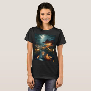 ein Schrein mit Lichtern und ein Schild, das T-Shirt
