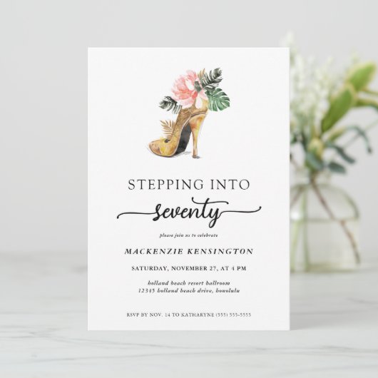 Ein Schritt in 70 schicke, florale Gold Heelse Geb Einladung (Stehend Vorderseite)