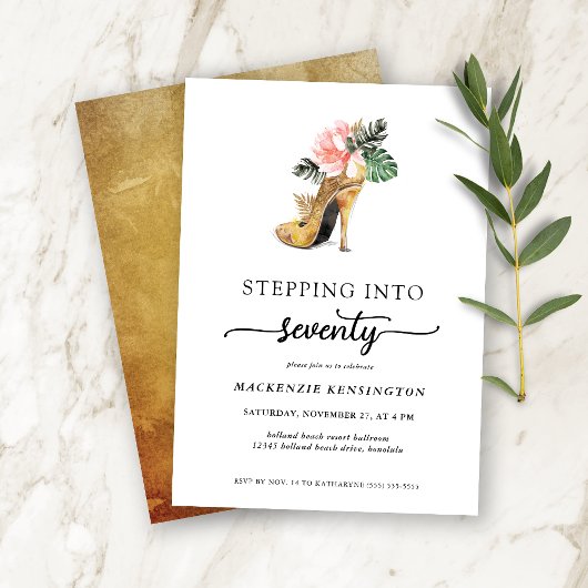 Ein Schritt in 70 schicke, florale Gold Heelse Geb Einladung