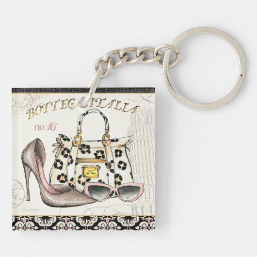 Ein Schuh, eine Tasche und ein Paar Gläser Schlüsselanhänger (Rückseite)