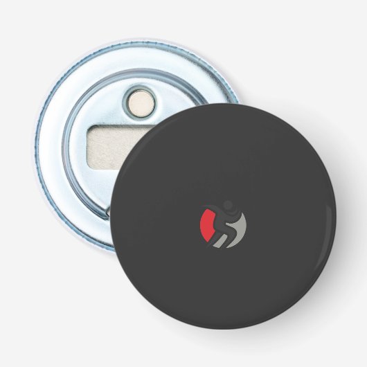 ein schwarz-rotes Logo mit einer Person in der Mit Flaschenöffner (Vorderseite)