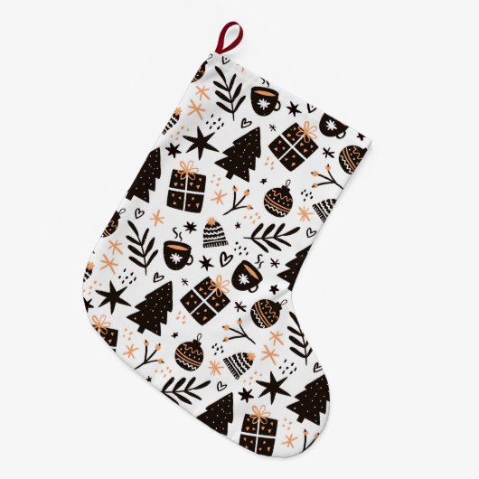 Ein Schwarz-Weiß-Weihnachtsmuster Großer Weihnachtsstrumpf (Vorderansicht (hängend))