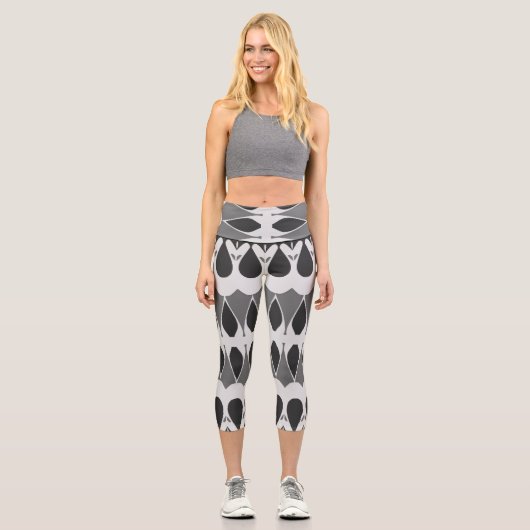 Ein schwarz-weißes trendiges Stoffmuster Design Ca Capri Leggings (Vorderseite)