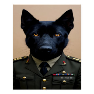 Ein schwarzer Deutscher Schäferhund in Militärunif Poster