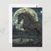 Ein schwarzer Hengst am Abend eines Vollmonds Postkarte (Vorne/Hinten)