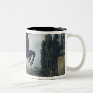 Ein schwarzes Pferd darstellend das Courbette Zweifarbige Tasse