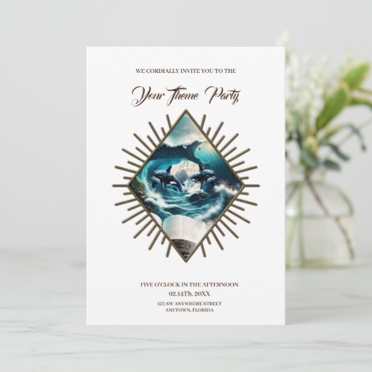 Ein schwimmendes Dampfbad Orca in der Welle. Einladung (Stehend Vorderseite)