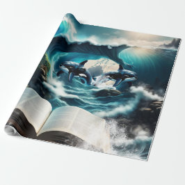 Ein schwimmendes Dampfbad Orca in der Welle. Geschenkpapier