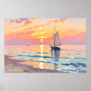 Ein Segelschiff bei Sonnenuntergang auf dem Meer Poster