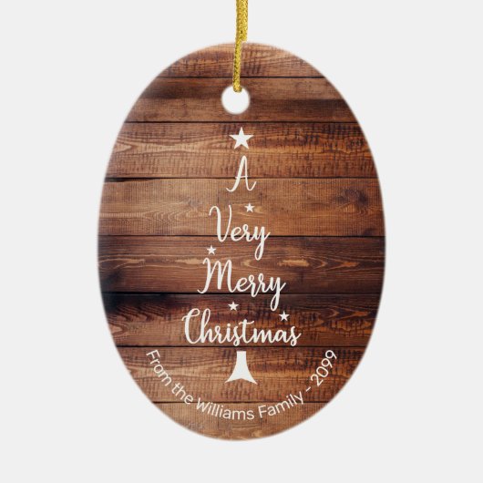 Ein sehr froher Weihnachtsbaum aus rustikalem Holz Keramik Ornament (Vorne)
