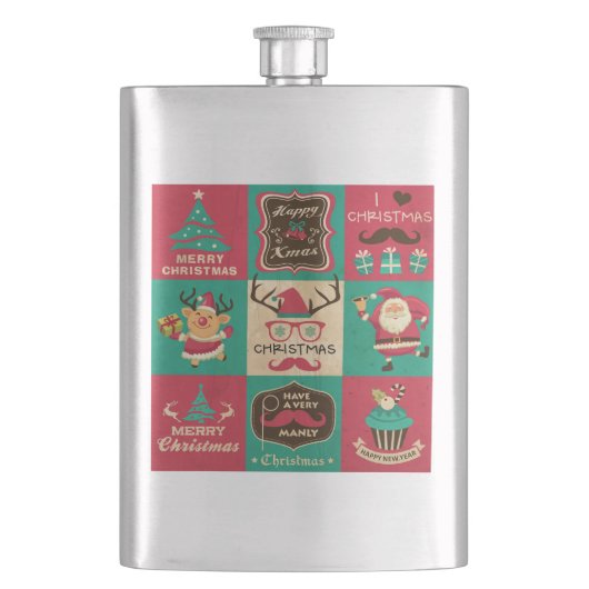Ein sehr manches Weihnachts-Mustache-Collage Flachmann (Vorderseite)