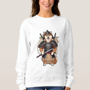 Ein Shiba in einem Samurai Outfit, der einen Katan Sweatshirt