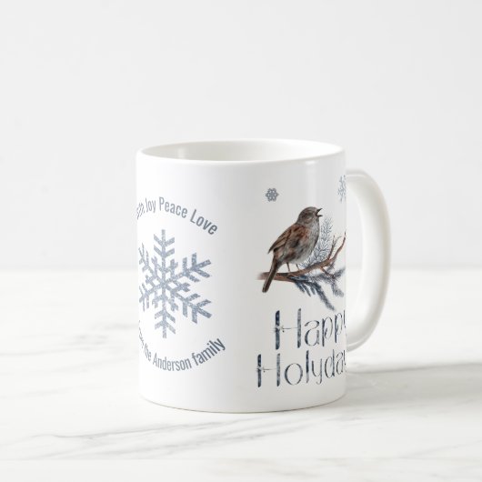 Ein Singvogel auf einem Kiefernzweig. Happy Holida Kaffeetasse (VorderseiteRechts)