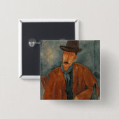 Ein Sitzmann, der auf einer Tabelle sich lehnt Button (Vorne & Hinten)