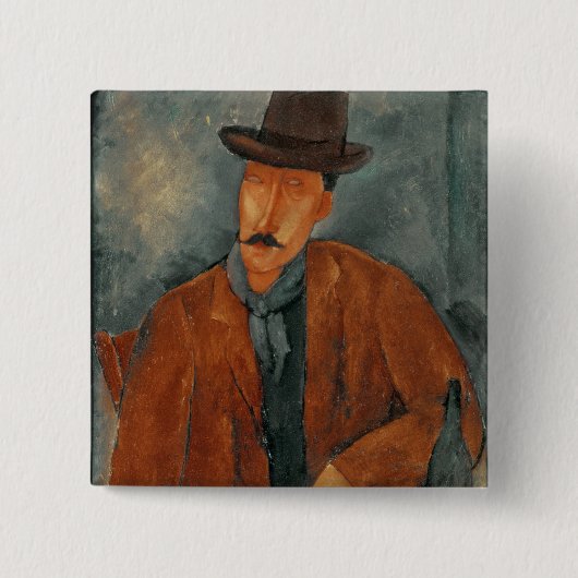 Ein Sitzmann, der auf einer Tabelle sich lehnt Button (Vorderseite)