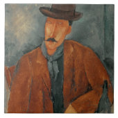 Ein Sitzmann, der auf einer Tabelle sich lehnt Fliese (Vorderseite)