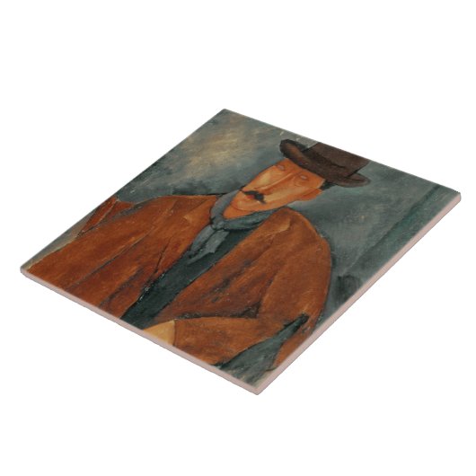 Ein Sitzmann, der auf einer Tabelle sich lehnt Fliese (Seite)