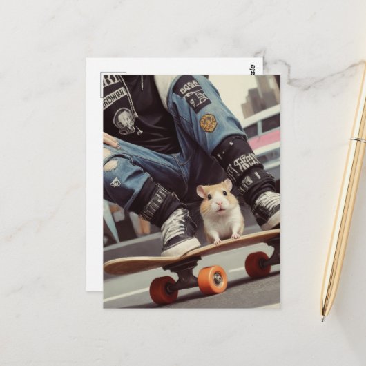 Ein Skateboarding Hamster in der City Retro Punk Postkarte (Vorderseite/Rückseite Beispiel)