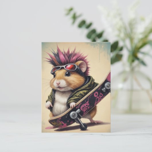 Ein Skateboarding Punk Hamster Retro Postkarte (Stehend Vorderseite)