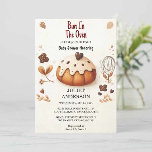 Ein Spaß Retro Boho Kuchen Bun in der Oven Baby Du Einladung (Stehend Vorderseite)