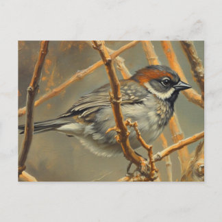 Ein Spatz, ausruhend, sitzt auf einem Buschzweig Postkarte