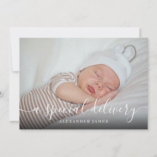Ein spezielles Lieferskript Baby Boy Foto Birth Ankündigung (Vorderseite)