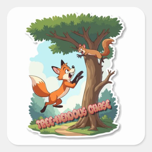 Ein spielender Fuchs, der ein Eichhörnchen jagt Quadratischer Aufkleber (Vorderseite)