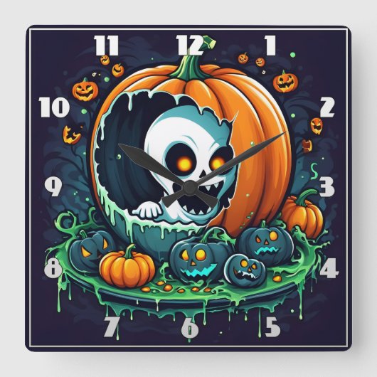 Ein spielerischer Geist kommt aus einem Halloween- Quadratische Wanduhr (Vorderseite)