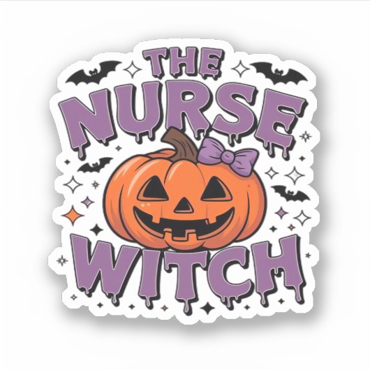 Ein spielerisches Design mit Kürbishexe und einem Aufkleber (Vorderseite)