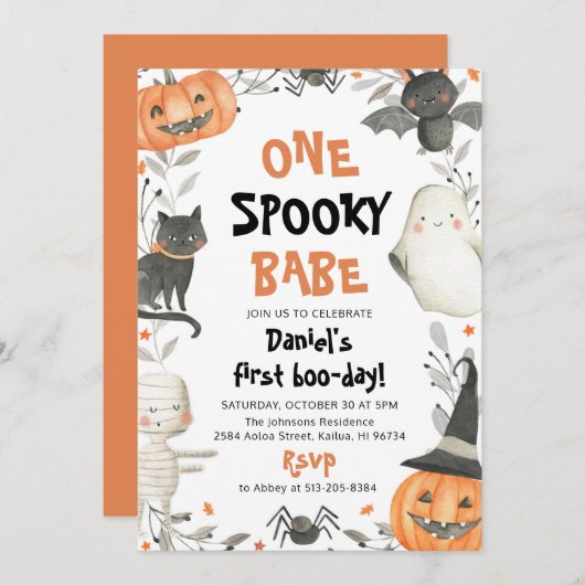 Ein Spooky Babe Niedlich Halloween Ghost 1. Geburt Einladung (Vorne/Hinten)