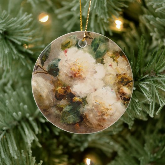 Ein Spray aus Kamelien, das an einem Nagel hängt Keramik Ornament (Baum)