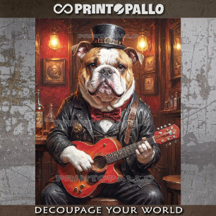 Ein Steampunk-Bulldogge, der Gitarre in einer Knei Seidenpapier