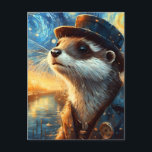 Ein Steampunker in der frühen Nacht Postkarte<br><div class="desc">Die künstlerische Intelligenz eines Otters in einer sternenstarken Nachtstadt entlang eines Flusses mit einem Steampunkhut und einem Anzug</div>